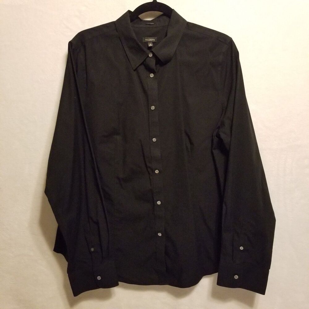 Talbots 18 Top Blouse Shirt Black Button Front Stretch Classic Basic Minimalist